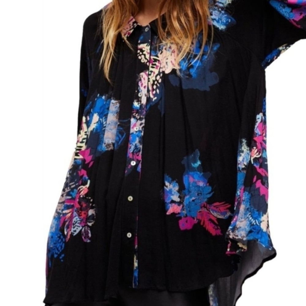 Free People Black Blouse with Blue and Pink Floral Design